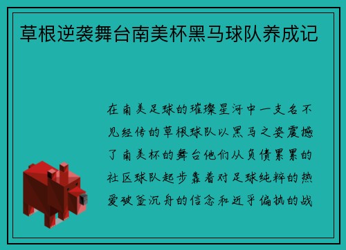 草根逆袭舞台南美杯黑马球队养成记